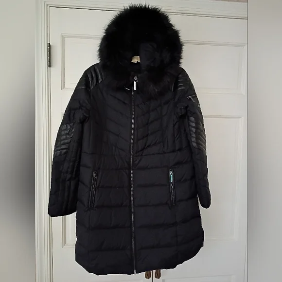 MK.Hooded Puffer Coat Faux Leather TrimFaux  Black Fur Hood Thrim.Pit To Pit 21" - Picture 4 of 10